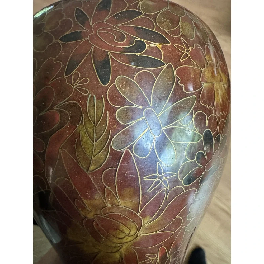 Vintage Chinese Cloisonne Enamel Vase Red Brown Floral Brass‎ Millefleurs